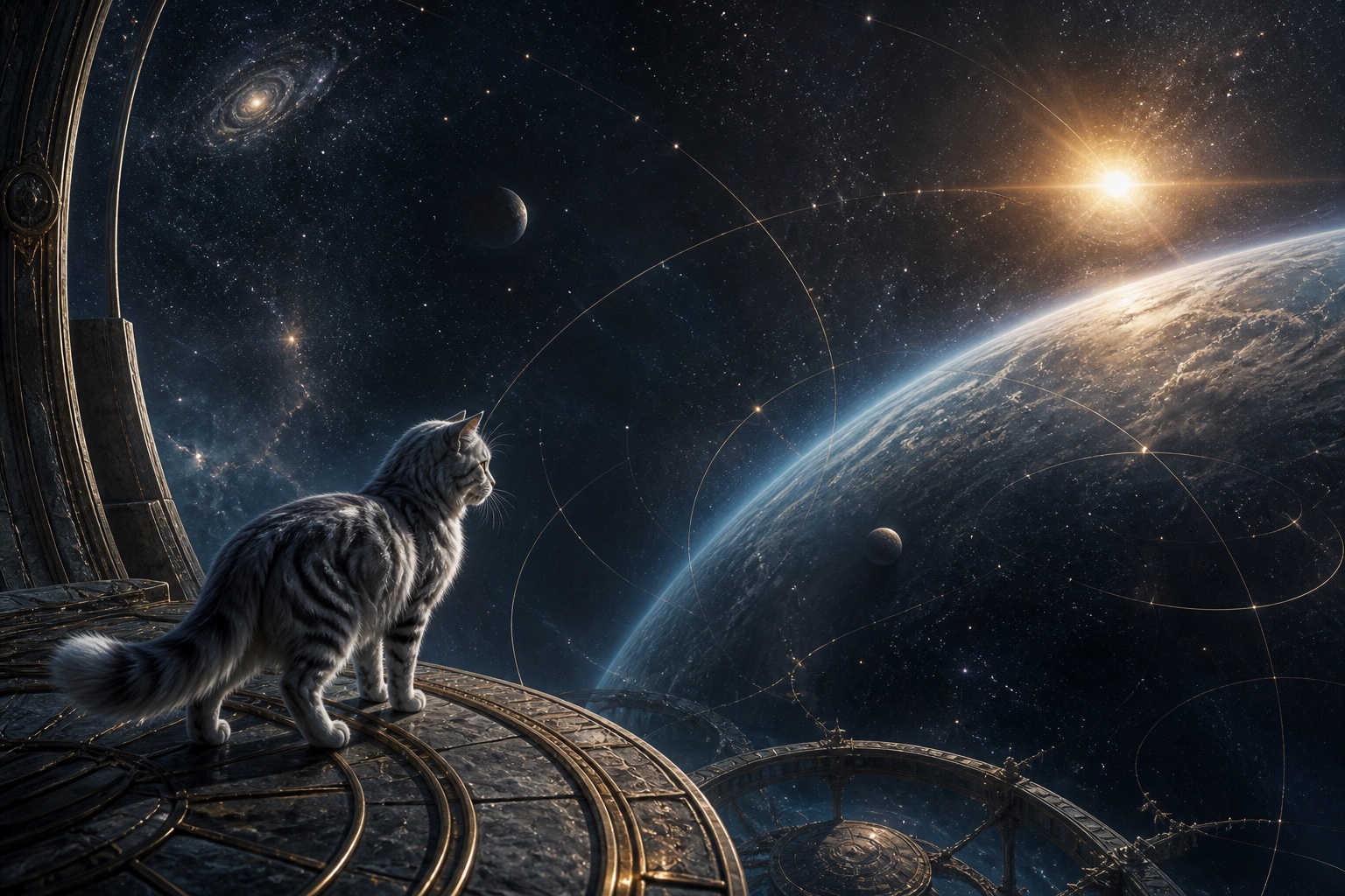 A silver tabby cat observes Regulus from an ancient celestial observatory