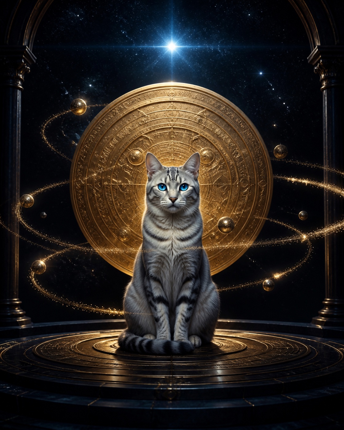 The Catestar seated before a golden astronomical disk with orbiting stardust