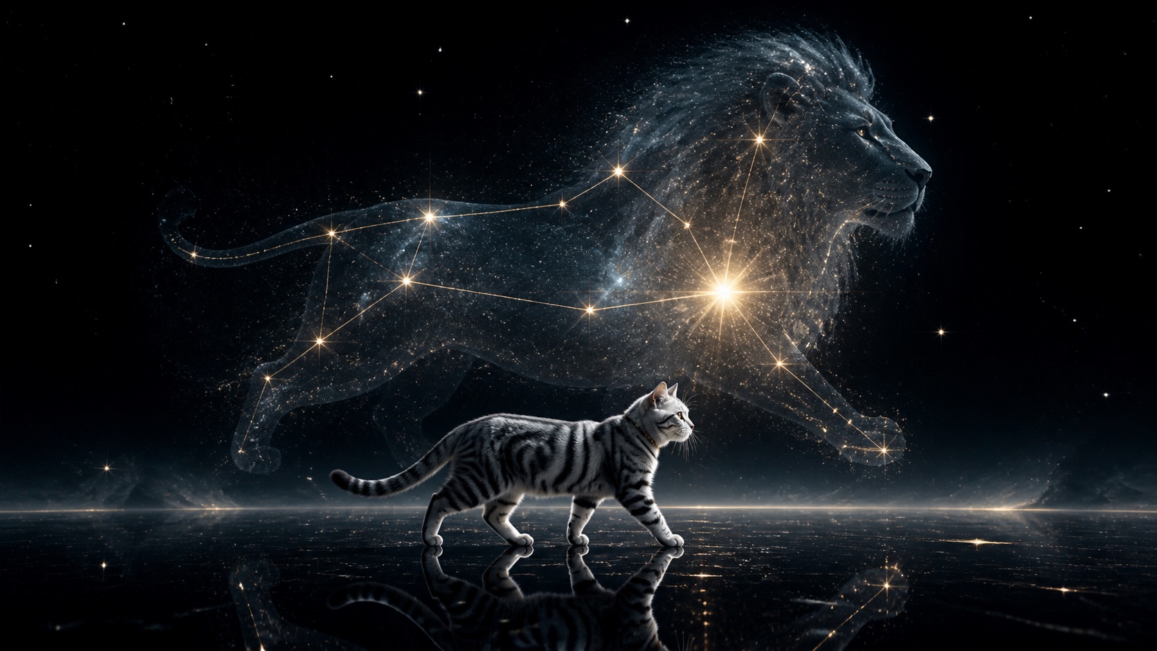 The Catestar walking beneath an immense lion constellation made of light